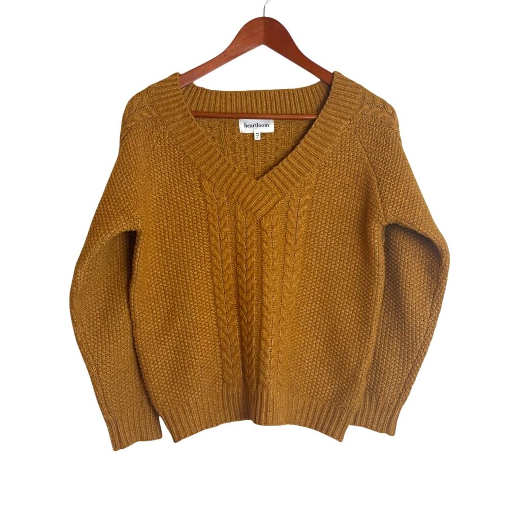 Heartloom V-Neck Cable Knit Sweater Size XS Camel Brown Fisherman Chunky Cottage